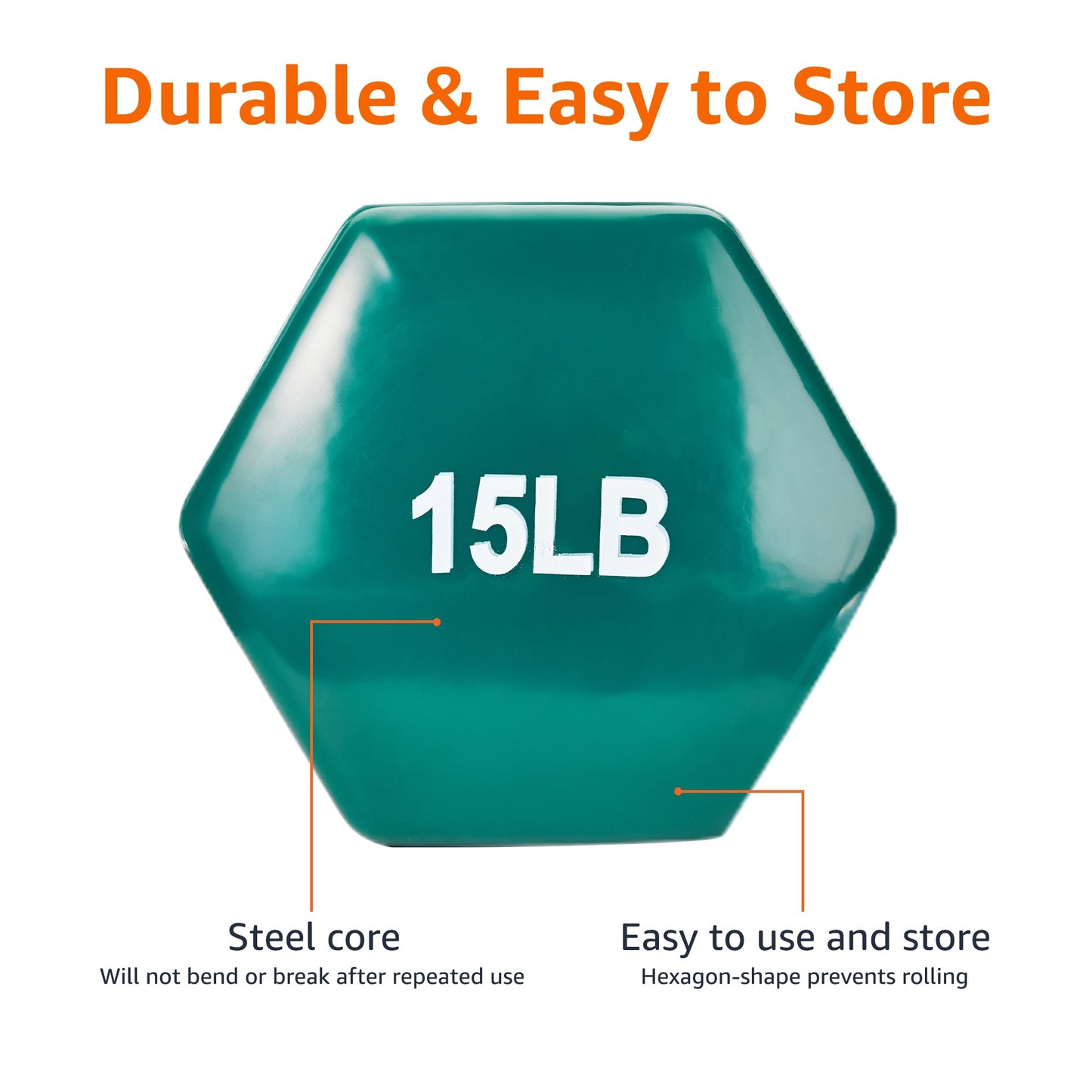 Amazon Basics Vinyl Coated Hexagon Dumbbell Hand Weights with Non-Slip Grip for Exercise, 15 Pounds, Teal, Pair