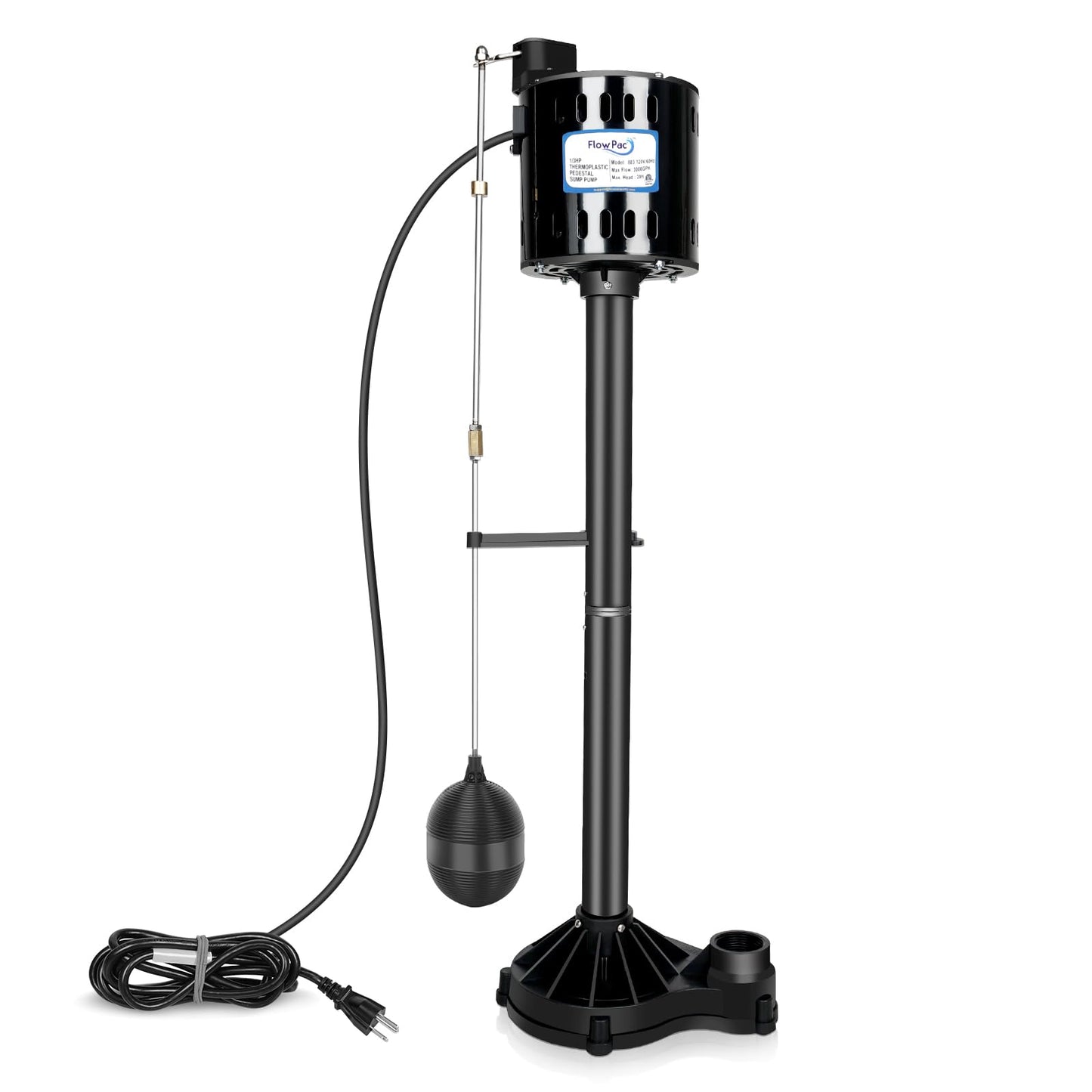 FLOWPAC Pedestal Sump Pump with Vertical Float Switch, Thermoplastic Pedestal, Stainless Steel Impeller, 1/3 HP, 45 GPM-Black