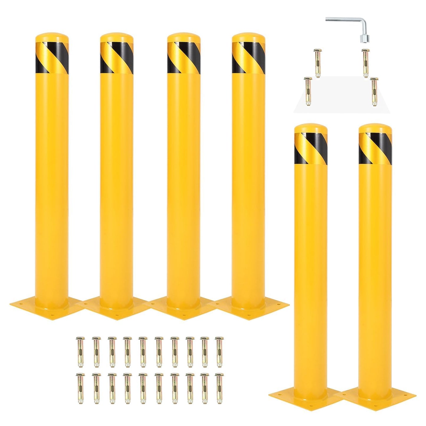 Safety Bollard, 42" Height 4.5" Diameter Steel Post with Anchor Bolts, Yellow Traffic Bollard for Property Protection & Parking Lots (6 Pack)