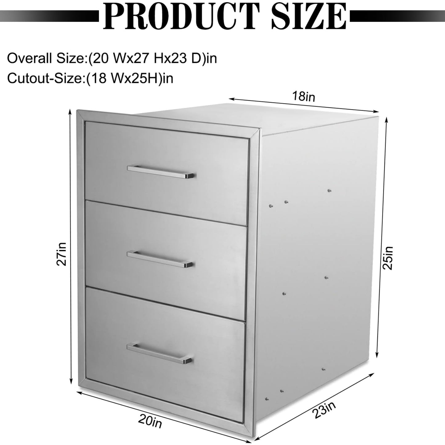 ZHAIUPON Outdoor Kitchen Drawers, 20" W27"H23"D Stainless Steel Triple BBQ Drawers, Grilling Access Drawer with Chrome Handle Enclosed Built-in Flush Mount for Outdoor Kitchen,BBQ Island