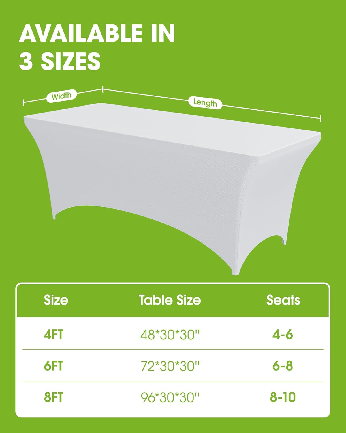 Pureegg Spandex Tablecloth - 6ft Fitted Rectangle Cover | Wrinkle-Free Stretch for Parties & Weddings, White