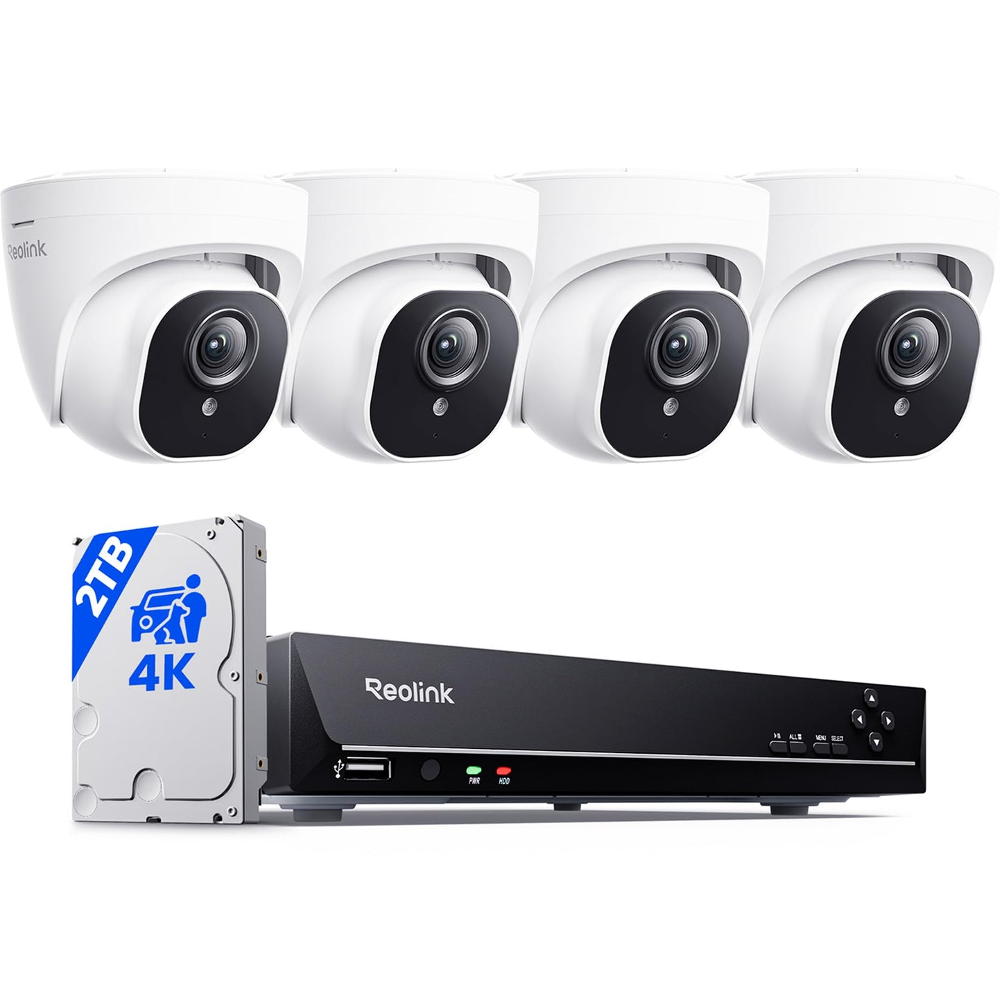REOLINK 4K Security Camera System, 4pcs H.265 PoE Wired Turret Cameras with Person Vehicle Detection, 4K/8MP 8CH NVR with 2TB HDD for 24-7 Recording, RLK8-800D4