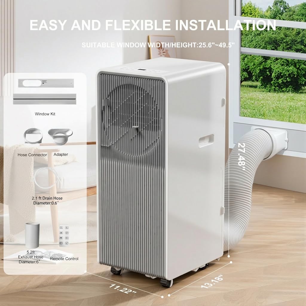 14,000 BTU Portable Air Conditioners for Rooms Up To 700 Sq.Ft. Portable AC, Dehumidifier, 24H Timer, Sleep Mode & Water level indication, Remote Control & Window Kit, White & Grey
