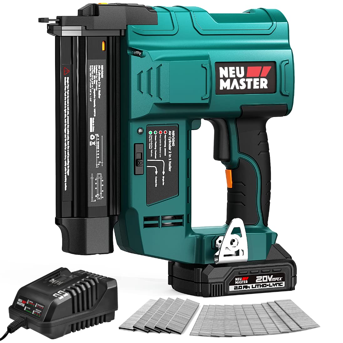 NEU MASTER Nail Gun Cordless with Battery, 2 in 1 20V Brad Nailer/Staple Gun, 18 GA 1000pcs Nails & 500pcs Staples, Nail Gun Battery Powered for Home Improvement, Woodworking, Upholstery & Family DIY