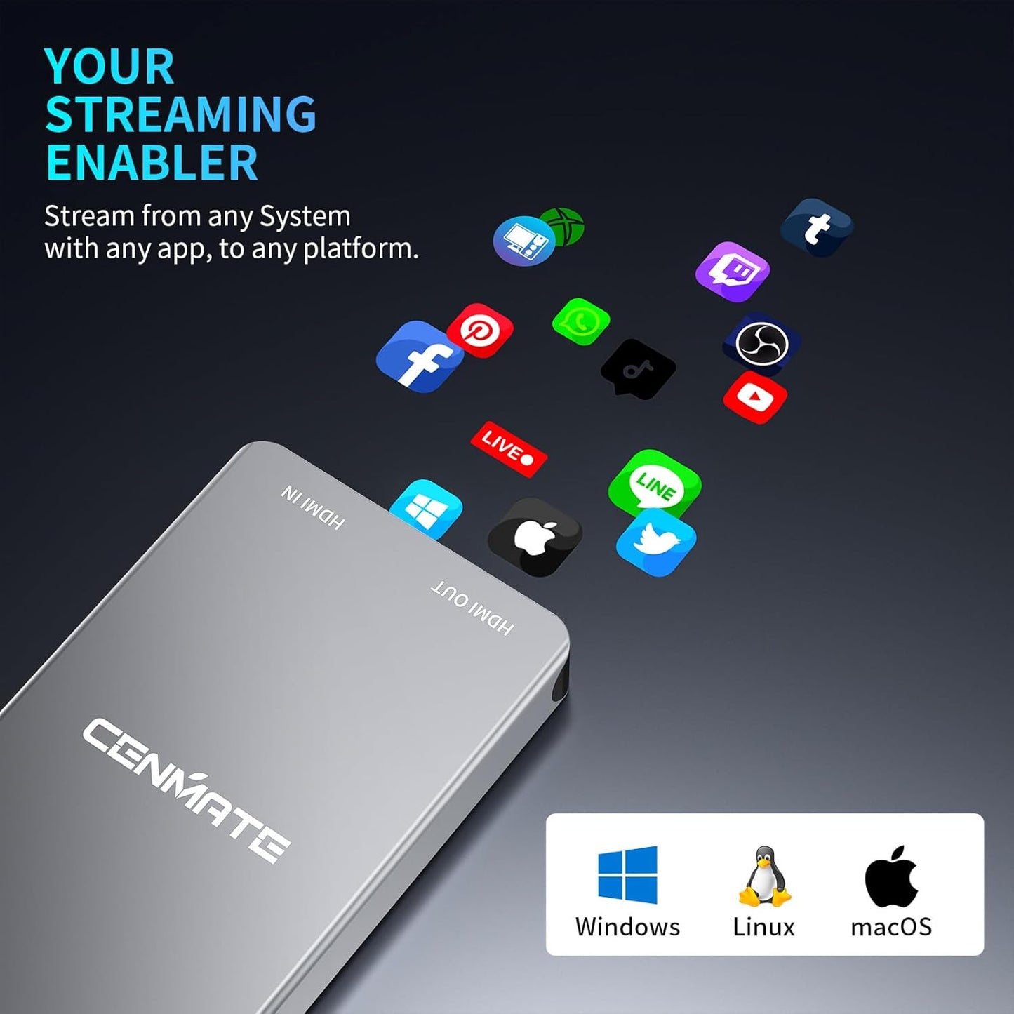 cenmate 3.0 1080P 60FPS 4K@30Hz Switch/PS5/Xbox/Camera/PC Aluminum HDMI Capture Card, USB Audio Video Capture Card