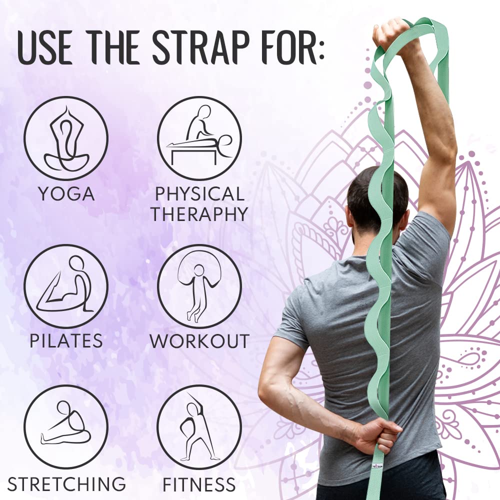 [NEW 2023] TECEUM Yoga Stretching Strap 10 Loops Non-Elastic Strap - Home Workout Stretch Strap for Physical Therapy, Yoga, Pilates cttn 1.5 in LtG