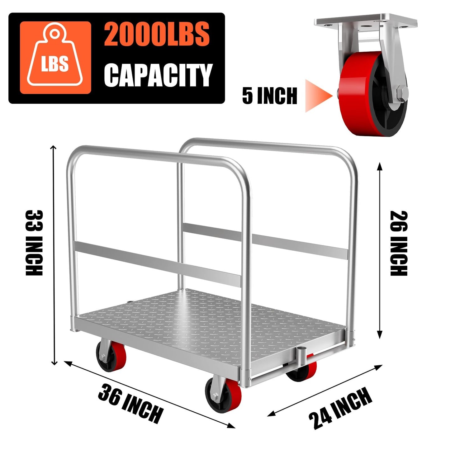 2-in-1 Heavy Duty Panel Truck Cart, 36 in x 24 in All Steel Platform Truck with 1Front & 2 Side Handrails, 2200 LBS Cart with 4 Rubber Swivel Casters for Loading and Storage, 6 Holes