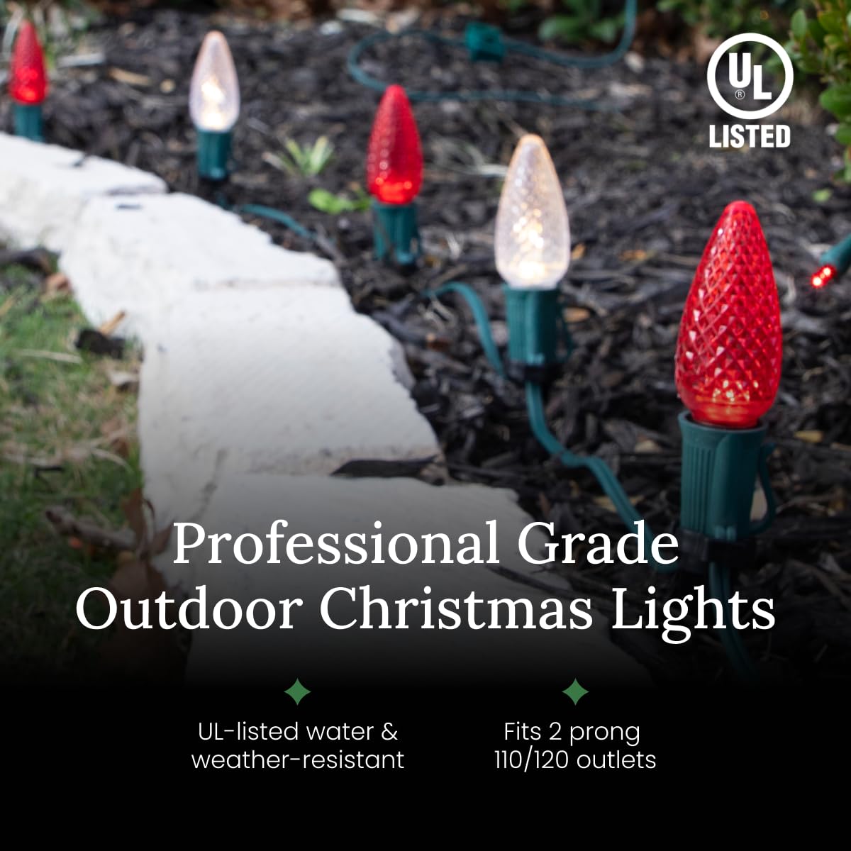Christmas Designers Pro Christmas C9 Light Cord, 100 ft, 66 Bulb Sockets, 18” Spacing, Green Wire, 2 Sets of Plugs Included