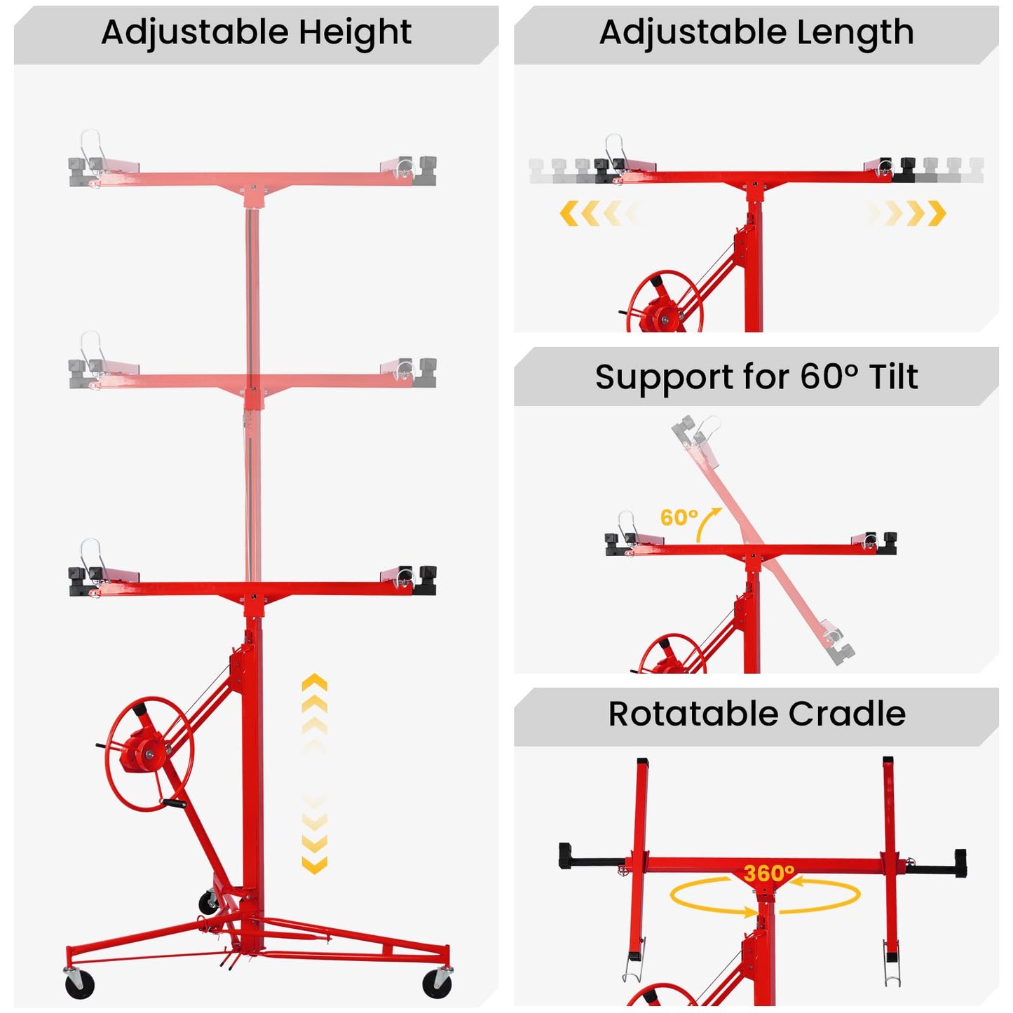 Rovibek Drywall Lift 11 ft Sheetrock Lift Drywall Hoist for Ceiling 360° Adjustable Drywall Lifter Foldable Sheetrock Jack 150lbs Heavy Duty for Home Improvement (Red)