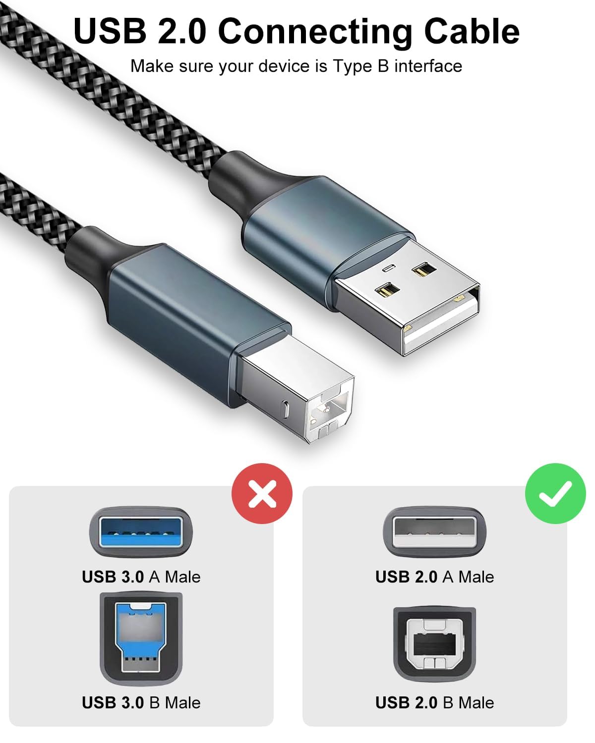 BLITEZZ 16ft, USB Printer Cable High Speed HP Printer Cable USB A to USB B Printer Cord, Universal Nylon Long printer