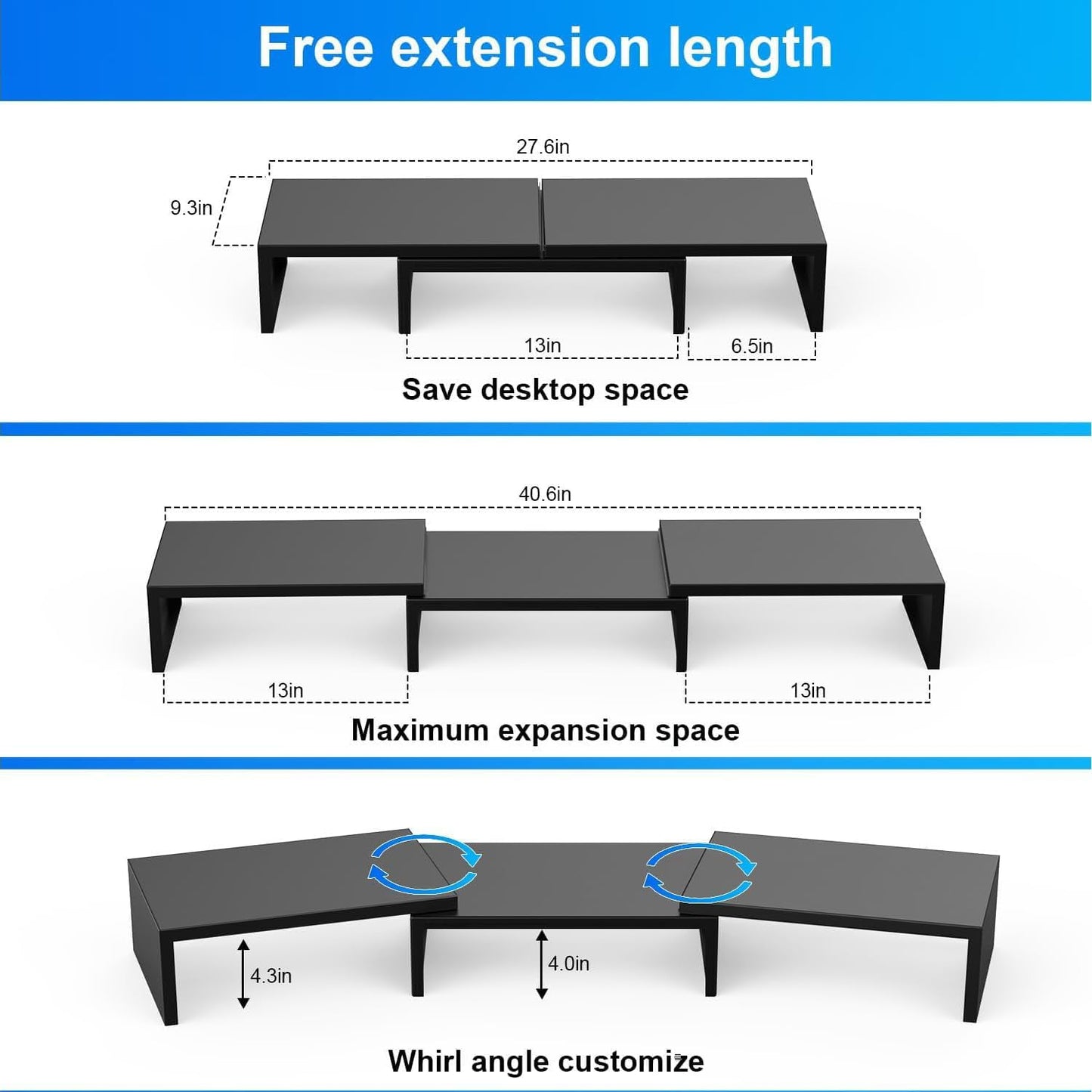 Black Metal Dual Monitor Stand - Ergonomic Desk Riser for Home and Office