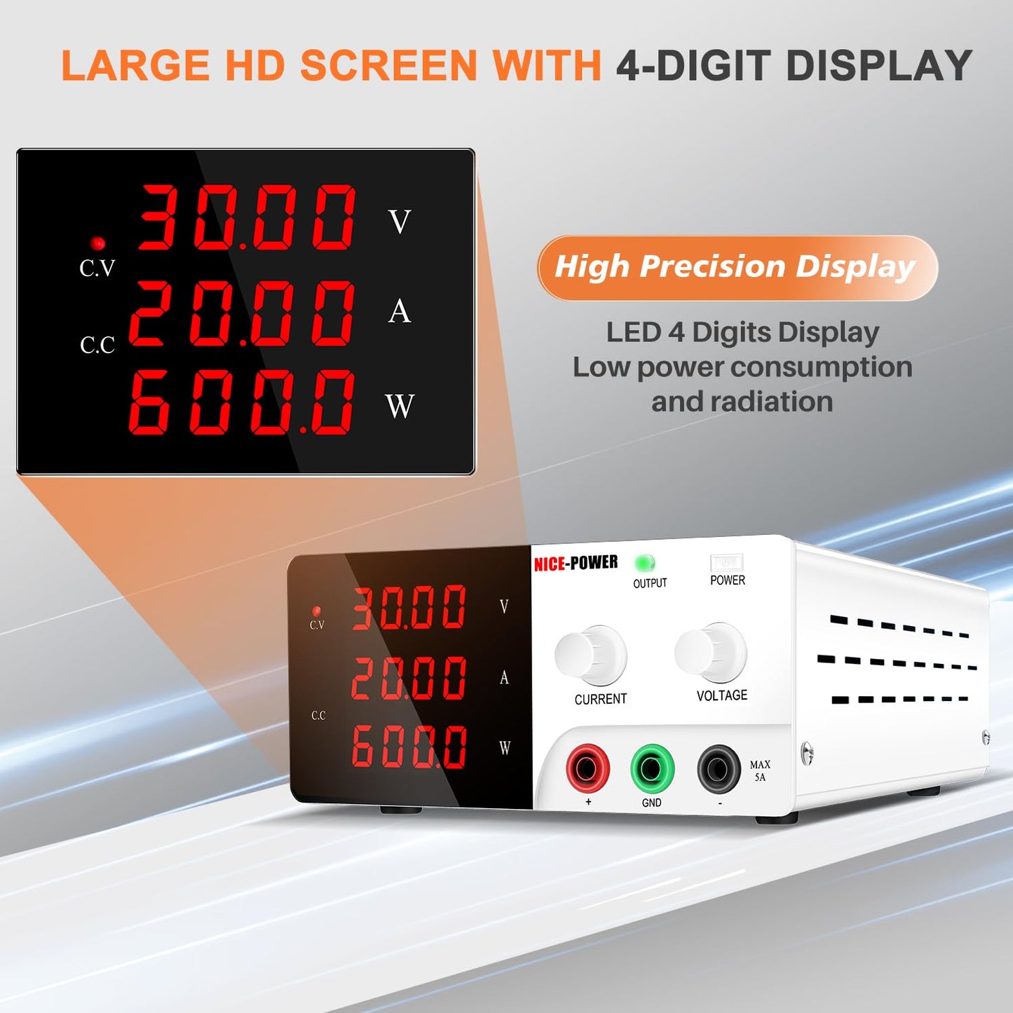 NICE-POWER DC Power Supply Variable, 0-30V 0-20A 600W High Power Bench Power Supply with Encoder Knob & Output Switch, Benchtop Adjustable Switching Regulated Power Supplies for Repair/Test(White)