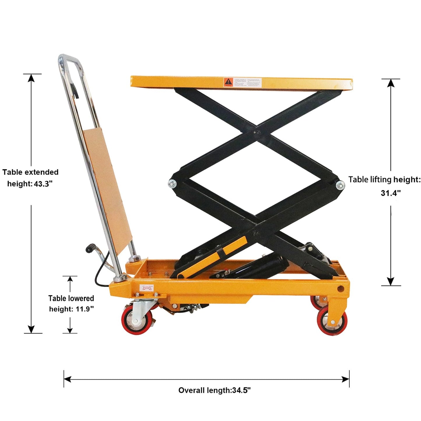 Aequanta Hydraulic Lift Cart Table Manual Double Scissor Lift Table 330lbs Capacity 43.3" Lifting Height