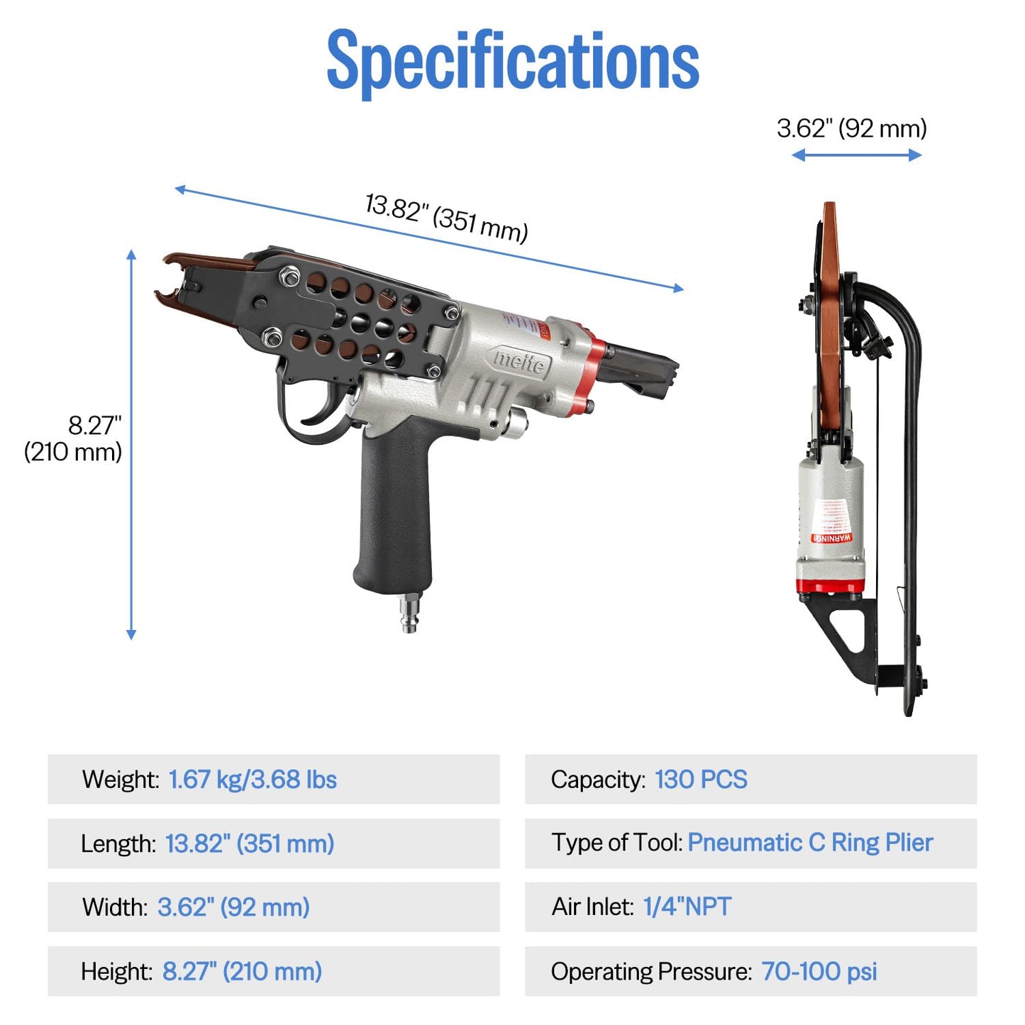 meite SC7E Pneumatic Hog Ring Gun, 15 Gauge 3/4" Crown Extended Nose Hog Ring Pliers, 8.8 mm Closure, Air C Ring Stapler for Mattress Assembly, Deep Wire Cages