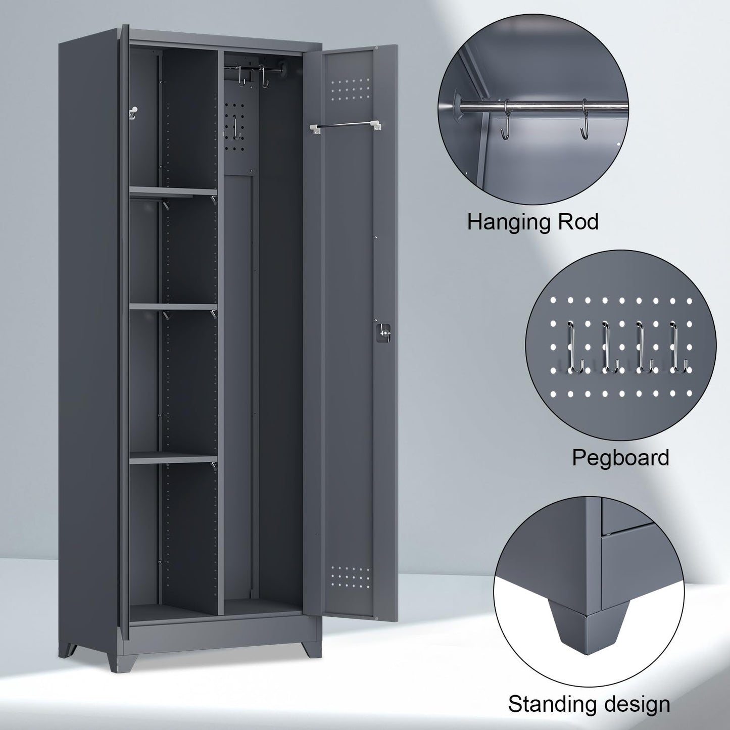 STEELIST Broom Closet Storage Cabinet, Steel Locking Cabinet with Hanging Rod, 65" Cleaning Storage with Doors and Hooks, Tall Broom Tool Cabinets for Office, Garage