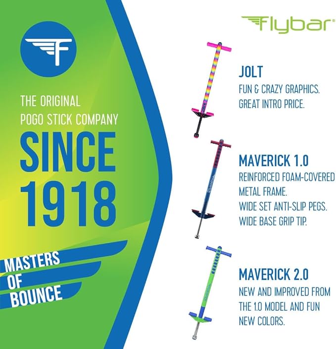 Flybar Jolt Pogo Stick for Kids Ages 6 and Up, 40 to 80 Pounds, Perfect for Beginners, Easy Grip Foam Handles, Anti-Slip Foot Pegs, Outdoor Toys for Boys, Jumper Toys for Girls, Outside Toys for Kids
