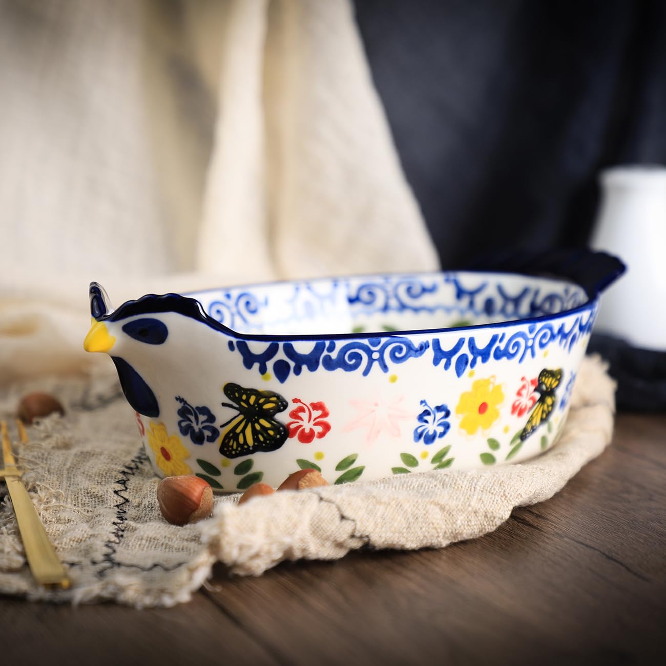 Bicuzat Vintage Butterfly and Flower Pattern Pie Pan, Chicken Shape Ceramic Bakeware Casserole Dish Baking Pan Bakers Lasagna Pans Soup Bowl Baking Dish for Oven to Table-Blue-25 OZ