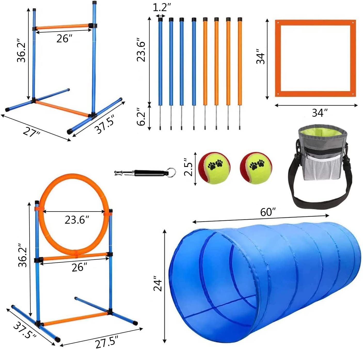 JMMPOO Dog Agility Training Equipment, 60-piece Dog Obstacle Course Training Starter Kit Pet Outdoor Game with Tunnel, Agility Hurdle, Weave Poles, Jump Ring, Pause Box, Toy Balls and Storage Bag