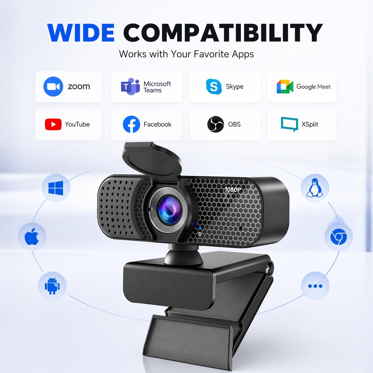 Kemeiv C26 1080P 105 Webcam with Microphone, USB Computer Camera with Privacy Cover, Noise Reducing Mic, Auto Light