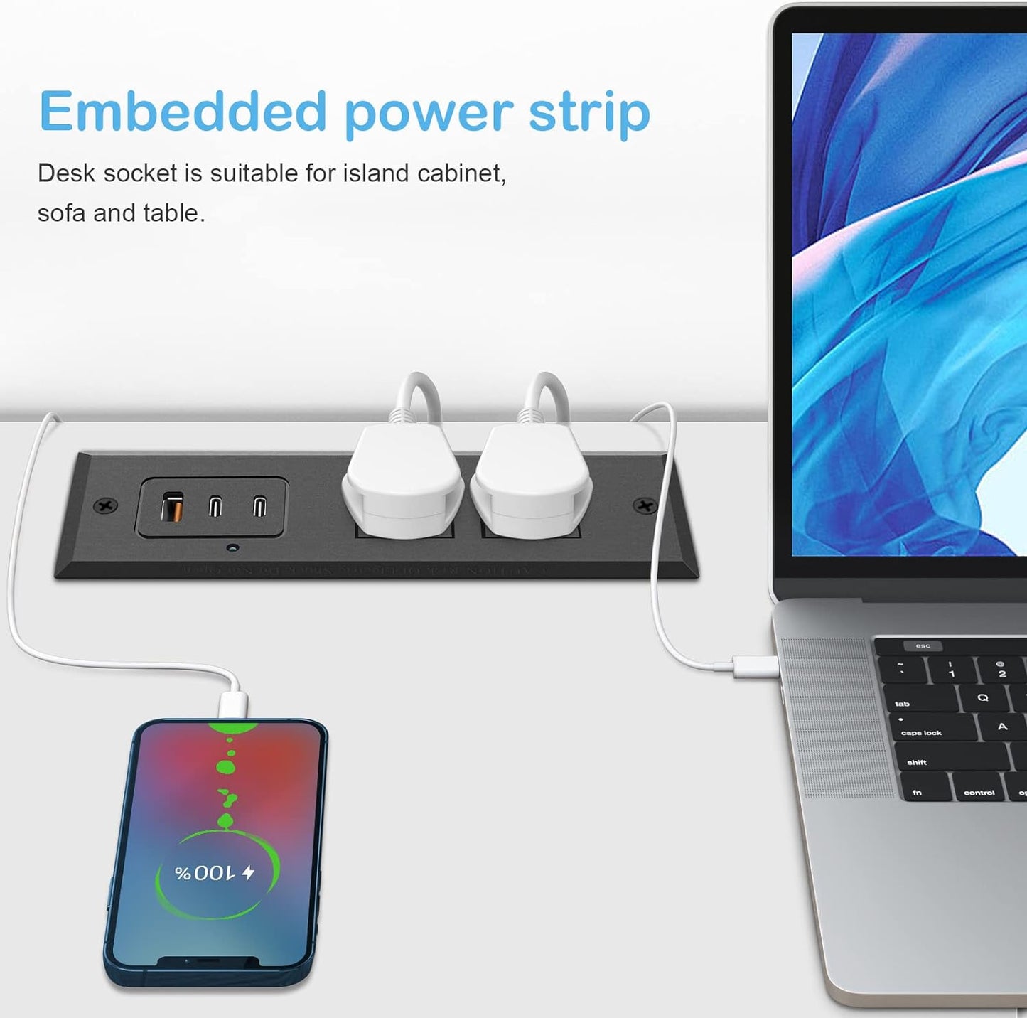CCCEI 45W 6 45 Recessed Power Strip with USB-C Ports, Fast Charging USB A Port Desk Outlet, Black Furniture Hidden