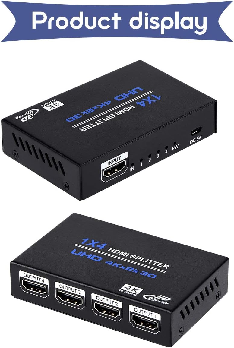 ENBUER 1x4 1 4 3D 4K 2K PS3, HDMI Splitter, in Out HDMI Splitter Audio Video Distributor Box Support & x Compatible