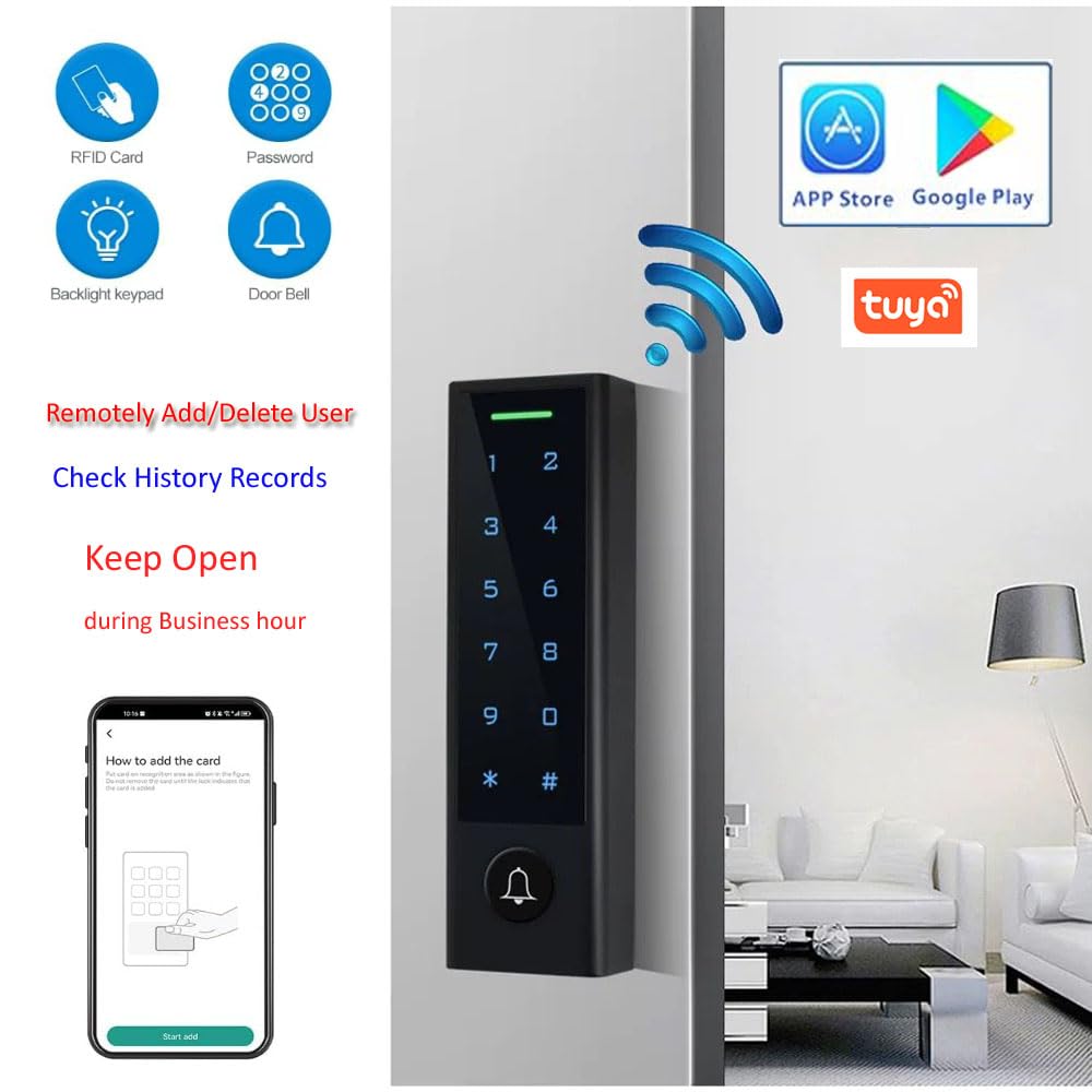 MENGQI-CONTROL WiFi Remote Manage IP66 Watreproof Access Control Keypad 600lbs Magnetic Lock Request to Exit PIR Motion Sensor Smart Phone App Remote ADD/Delete User