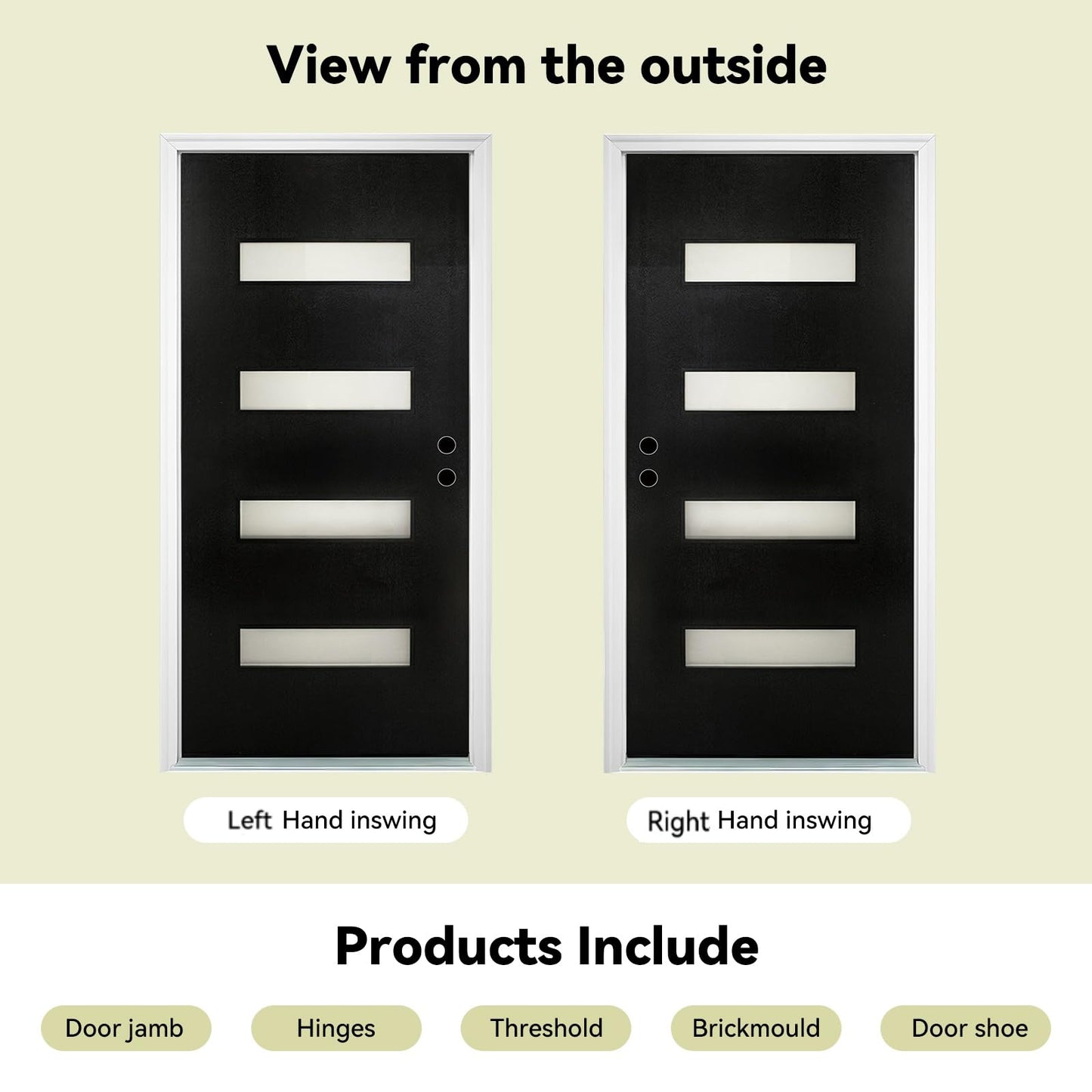 Fiberglass Exterior Door 36" x 80" with Frosted Glass and Brickmould, Right-Hand Inswing Front Door, Black Finish Knock-Down with White 4-9/16’’ Vinyl Frame for Residential Use