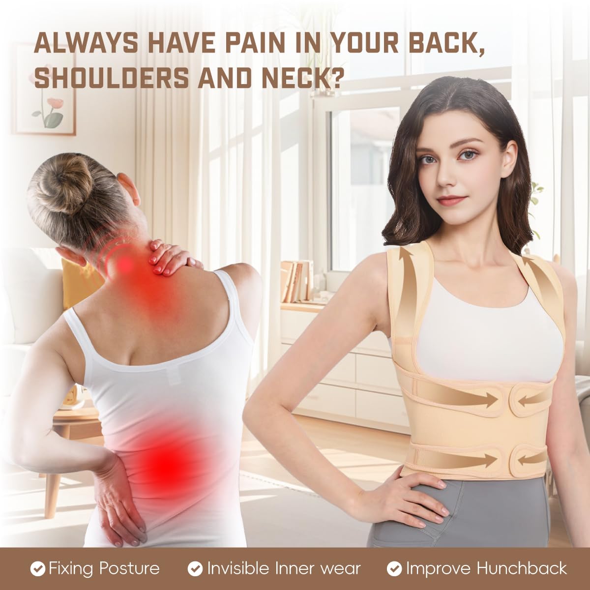 BLACKYEW Back Brace Posture Corrector for Women & Men, Adjustable Shoulder Straightener with Full Back Support, Relief for Lower & Upper Back Pain, Hunchback & Scoliosis (Beige, Medium)