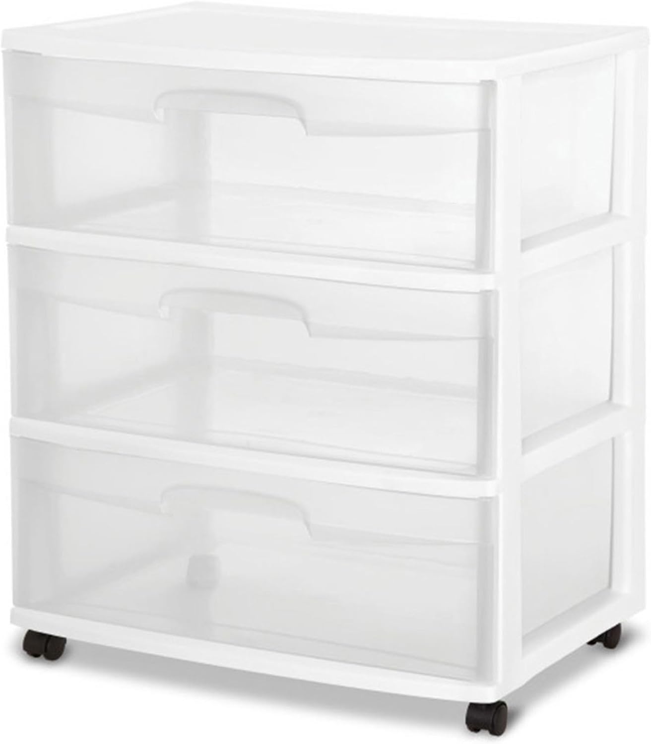 Sterilite Wide 3 Drawer Storage Cart - Rolling Plastic Organizer with Wheels | White & Clear Drawers