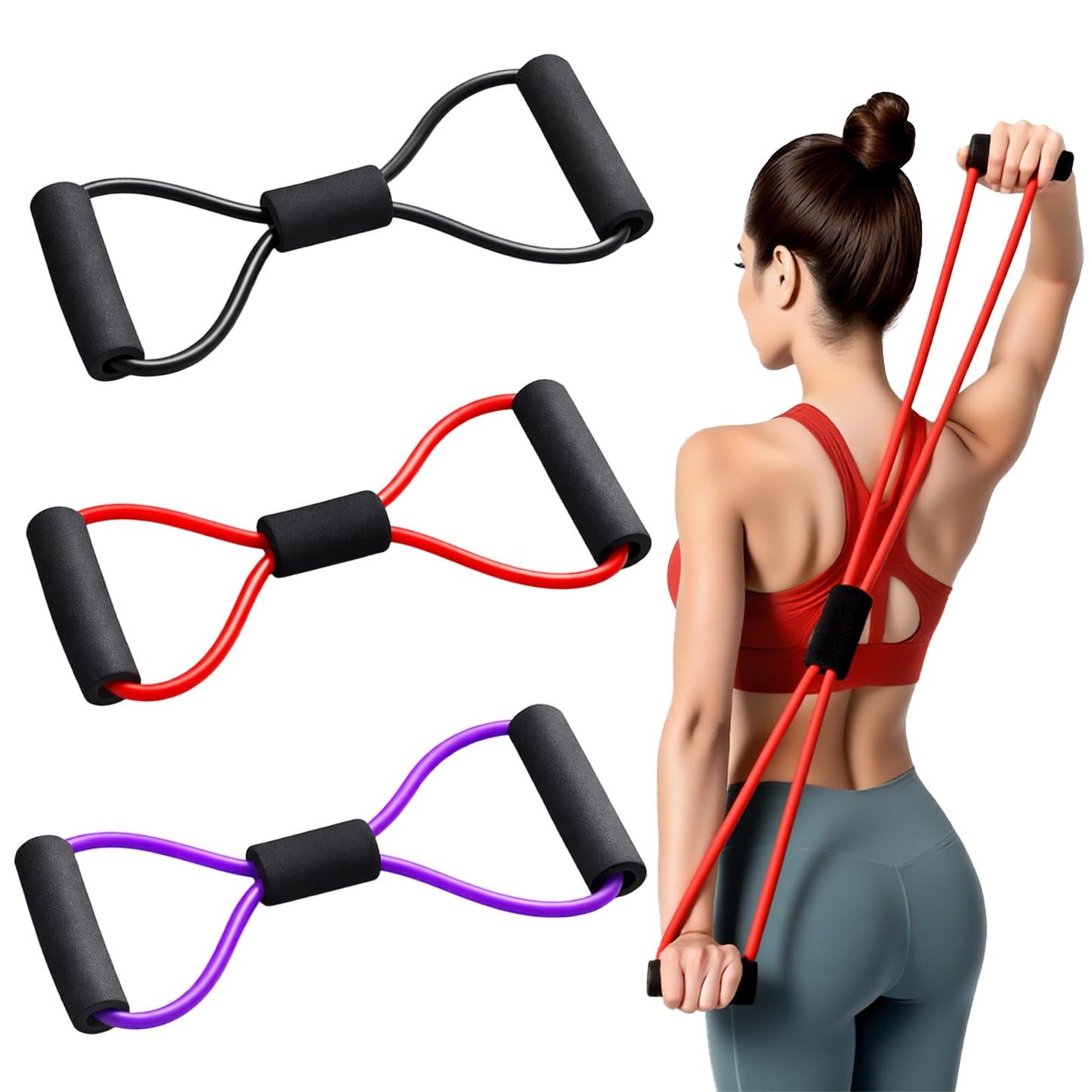 Figure 8 Fitness Resistance Bands with Handles, Exercise Elastic Bands for Women Arm Shoulder Back Leg Chest Stretch, Workout Equipment for Yoga, Pilates, Physical, Therapy, Home Gym Fitness, 3 Pack