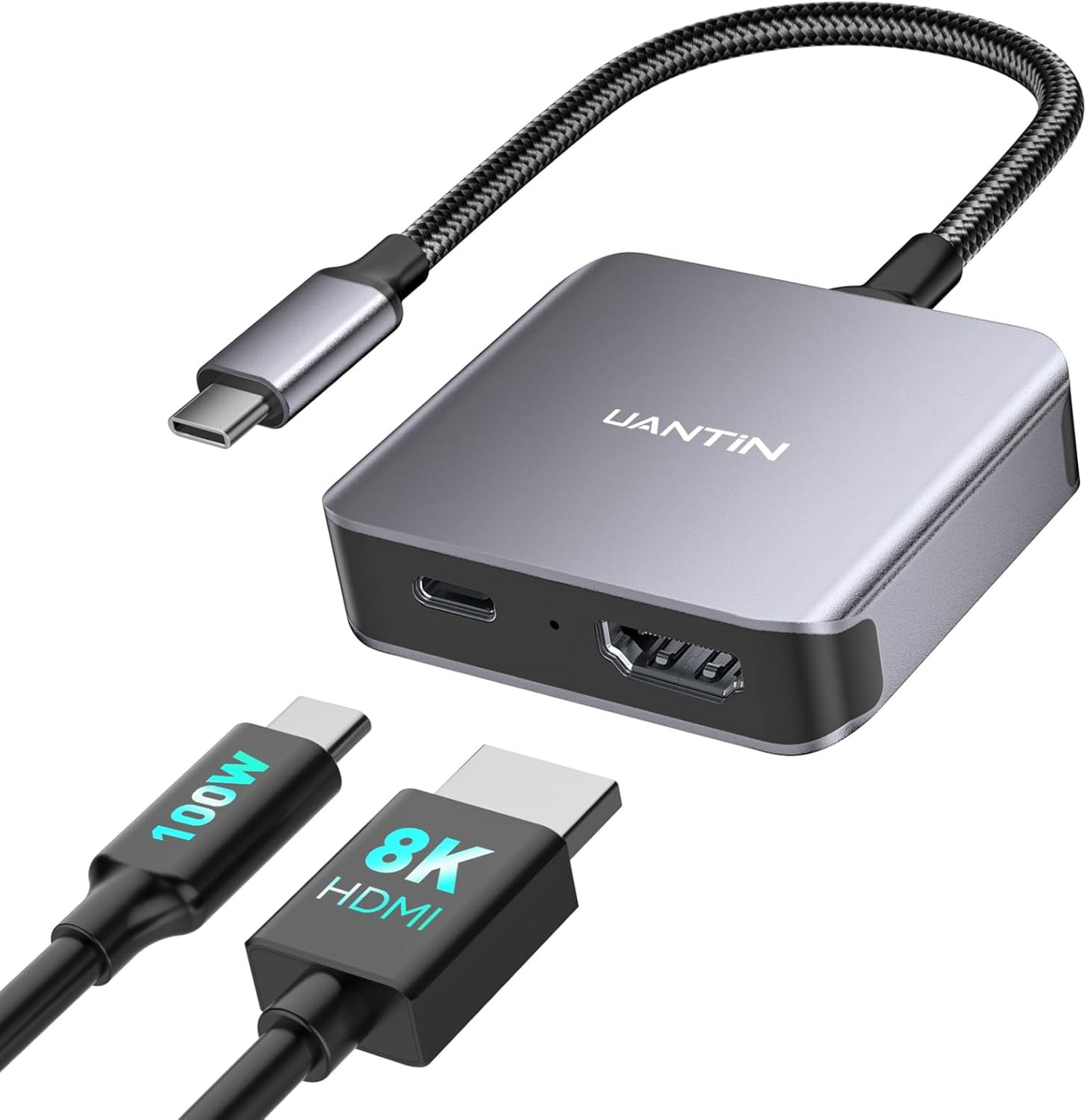 UANTIN 2.1 100W [8K, 4K@120Hz/60Hz 48Gbps 15/16, 1/2, USB C to HDMI Adapter with USBC Charging Port, Supports HDR]