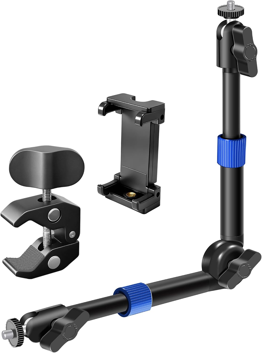BZE 11.8-15 Inch, Stand1/4" 3/8" Universal Retractable Magic Arm Clamp Webcam & Thread with Phone Mount, Adjustable