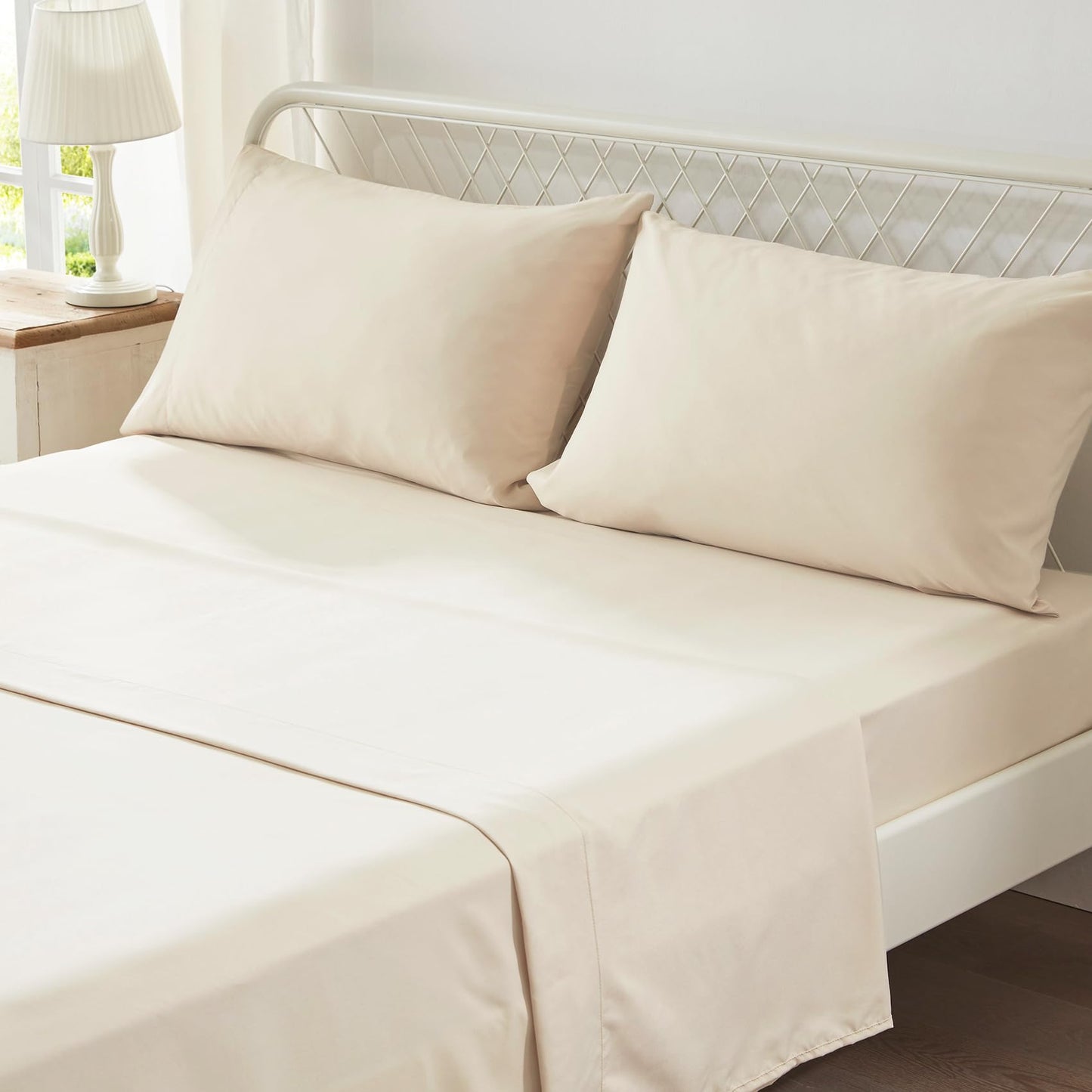 Anluoer King Comforter Set 7 Piece, Cream Bed in a Bag with Sheets, All Season Ruffle Shabby Chic Bedding Sets with 1 Comforter, 2 Pillow Shams, 2 Pillowcases, 1 Flat Sheet, 1 Fitted Sheet