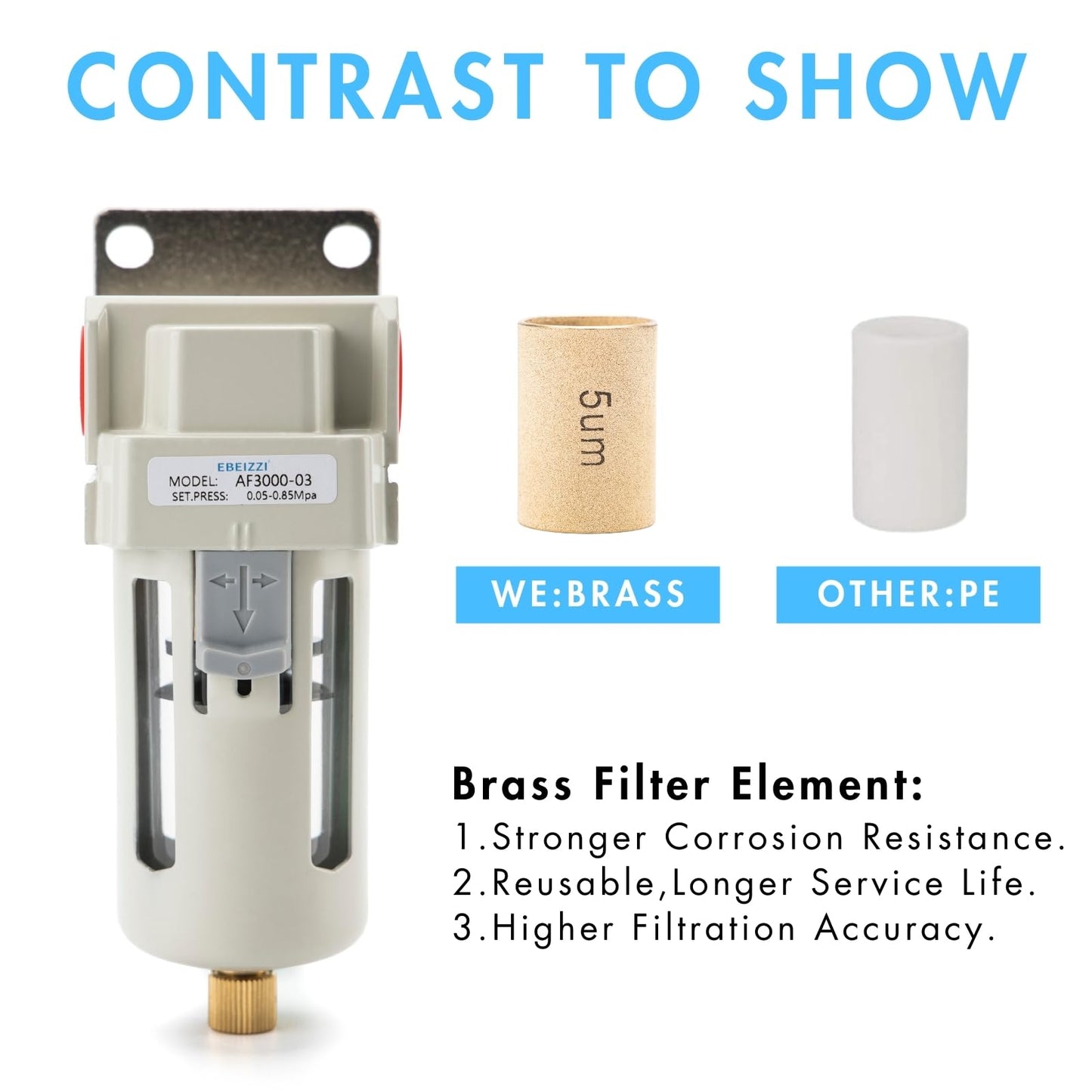 EBEIZZI 3/8" NPT Air Dryer for Compressor | Compressed Air Line Filter | 5 Micron Brass Element|Bracket, Poly Bowl, 145 psI