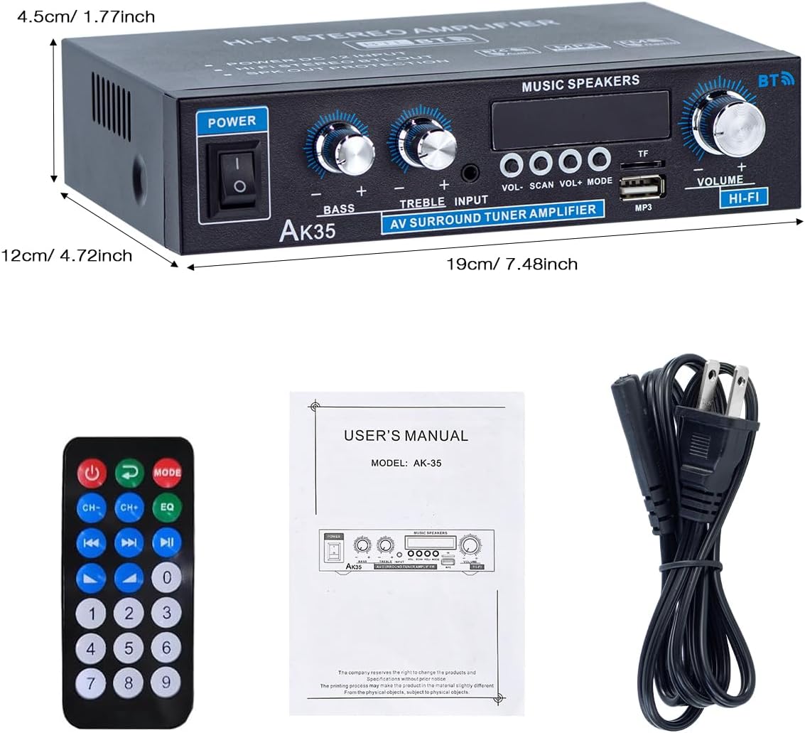 AK35 5.0 2.0 30Wx2 Bluetooth Stereo Amplifier, Channel Mini Audio Receiver, Home HiFi Audio Amp with Bass/Treble