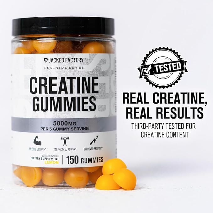 Jacked Factory Creatine Monohydrate Gummies 5g Daily Dose (1g per Gummy) - Creatine Gummy for Men and Women, Vegan-Friendly, Travel-Friendly, Third-Party Tested - 150 Gummies, Lemon