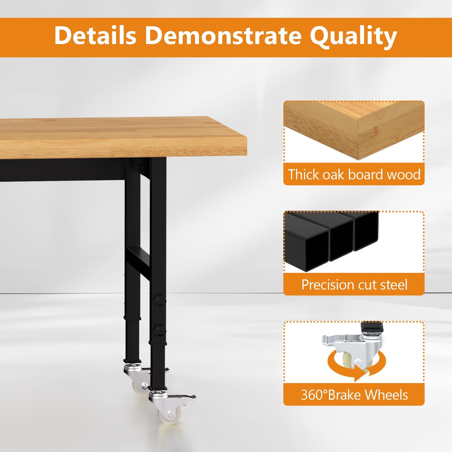 Pelnuies 60" Heavy-Duty Solid Wood Work Bench with Wheels, Adjustable Height Workbench with Power Outlets, 2000 LBS Capacity Work Table for Garage, Workshop(60" X 24")