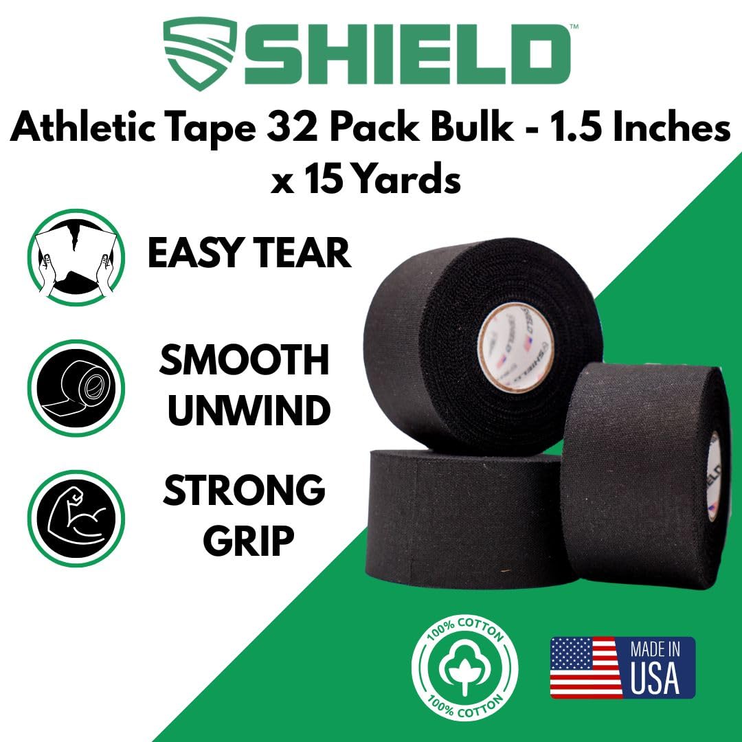 SHIELD Black Athletic Tape - 32-Roll Bulk Pack - 1.5 in x 15 yd