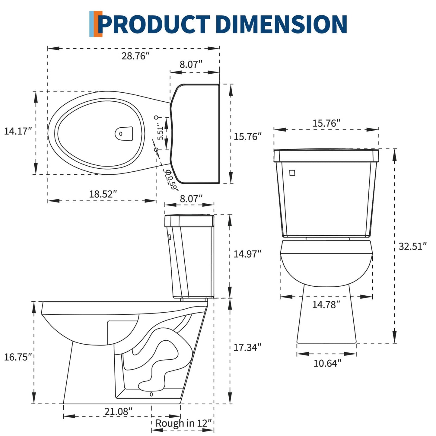 Two Piece Toilet with 17" ADA Height, Elongated Ceramic Bowl and Locking PP Lid - Side Push Handle, CUPC Certified, Water Efficient 1.28 GPF