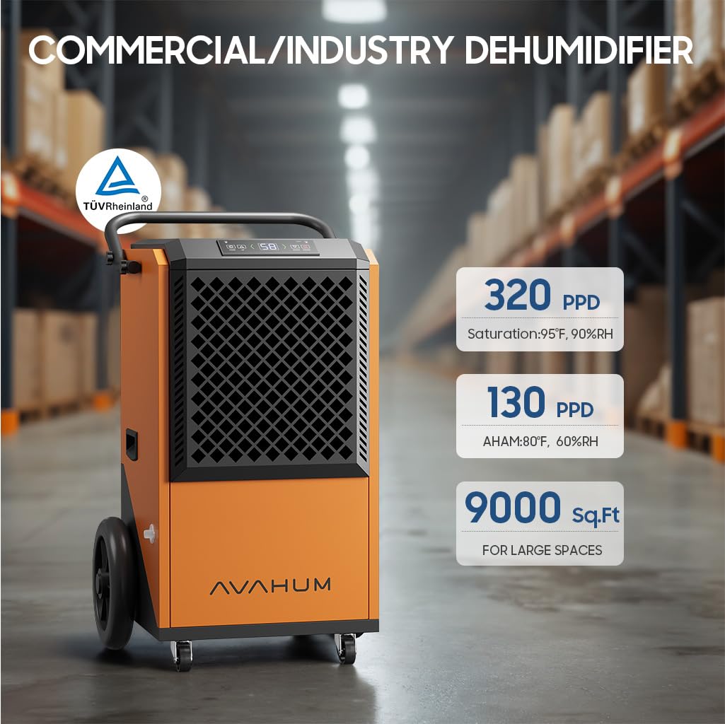 Commercial Dehumidifier,Yellow Industrial Dehumidifier 320 Pint for 8,000 Sq.Ft Basement Warehouse Construction, Large Heavy Duty Commercial Grade Dehumidifiers with Drain Hose, Auto Defrost,Restart