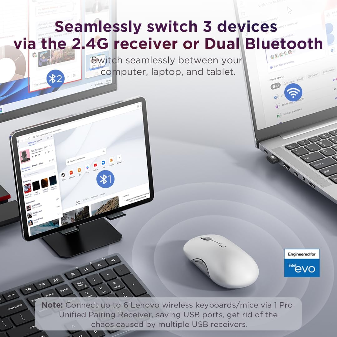 Lenovo 700 2.4 3 36 Multi-Device Wireless Mouse, Bluetooth or GHz USB-A Connection, Connect up to Devices, Month