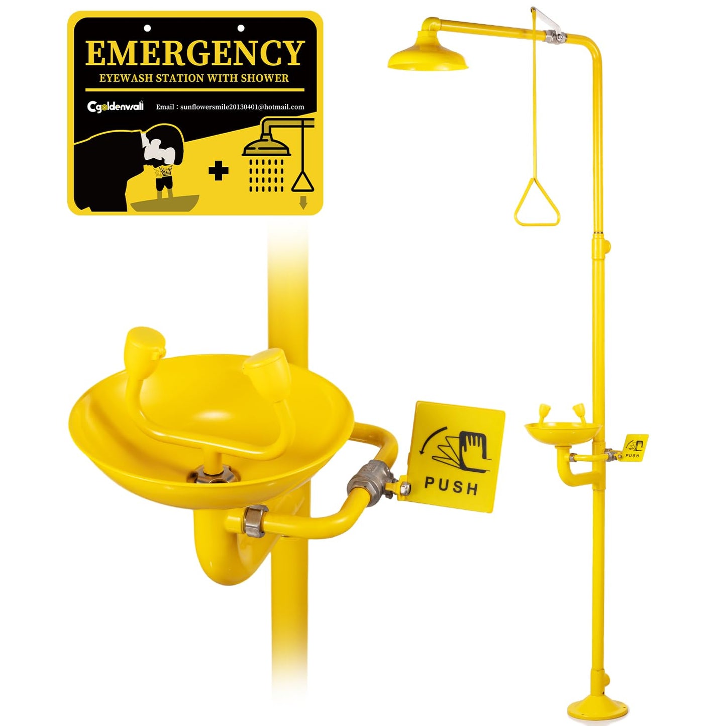CGOLDENWALL Emergency Shower Eye Wash Station Combination Eye Wash Station with Shower, NPT Thread, with Emergency Sign, 304 Stainless Steel+Yellow Coating