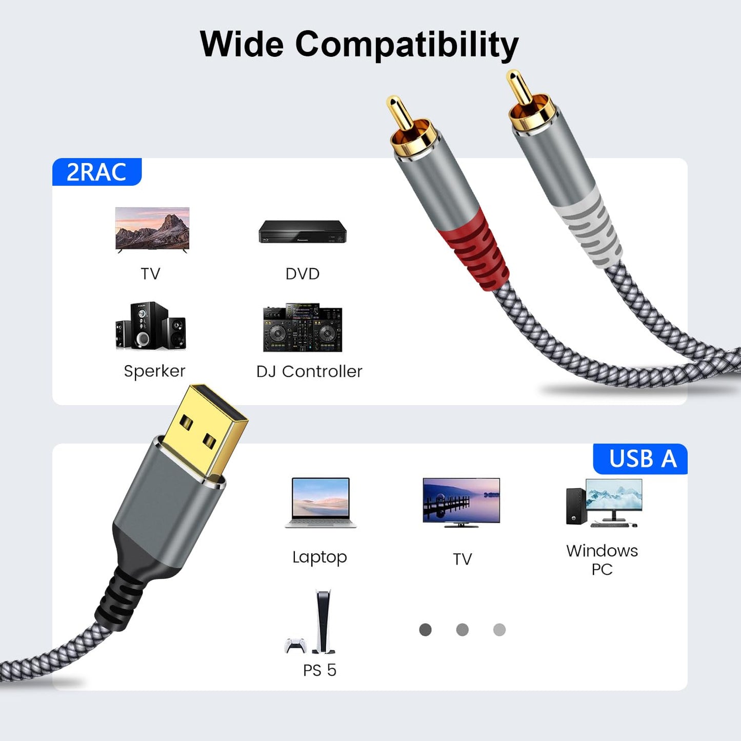 ZARSSON 6.6FT PS4, USB to RCA Audio Cable, Stereo Y Splitter Adapter for Laptops, Desktops, Amplifiers, Home Theater