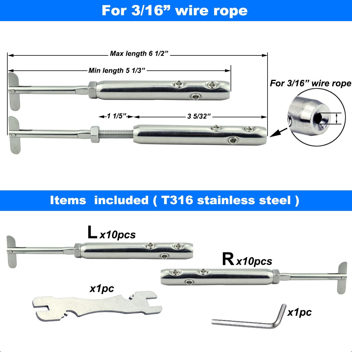 Iutuuk Swageless Tensioners for Metal Posts Cable Railing Hardware Kit, for 3/16 Stainless Steel Cable Rrailing System, Adjustable Angle Swageless Drop Pin Tensioners Left & Right 10 Pairs