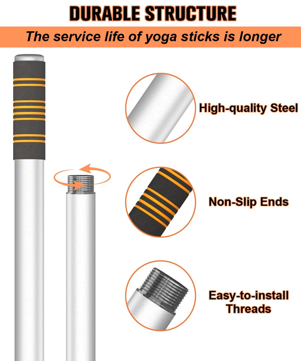 Queension 5 ft Yoga Stick Sturdy Steel, Portable Mobility Stick with Non-Slip Handle for Posture Correction, Balance, Physical Therapy, Exercise Stick with 4 Steel Rods for Stretching, Flexibility
