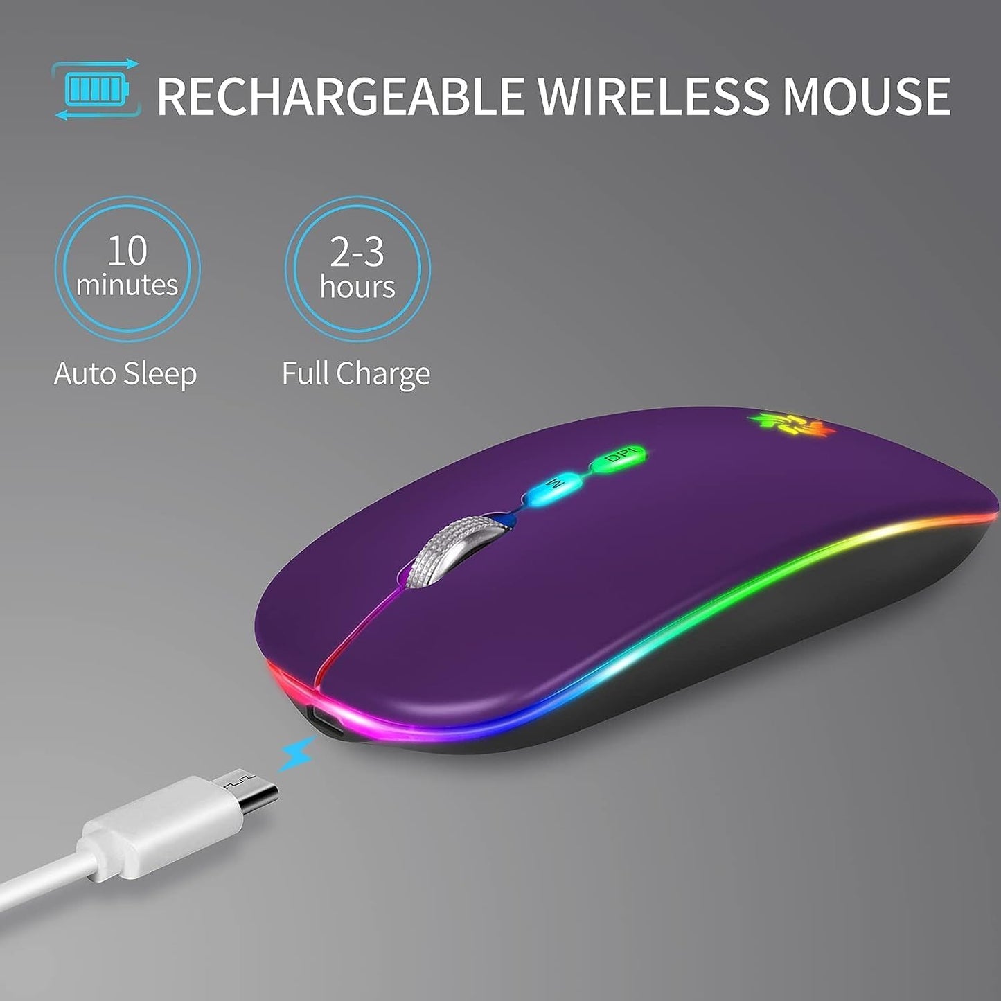 KBCASE 2.4G Wireless Mouse, LED Wireless Mouse for Laptop, Slim Silent Mouse Rechargeable Wireless Computer Mouse