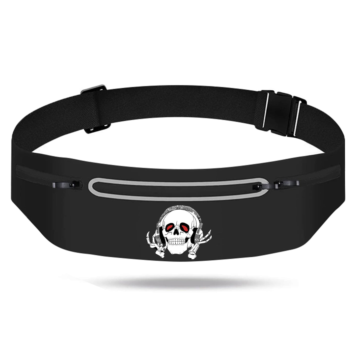 Music Skull Running Belts for Women and Men,Runner Waist fanny pack Wallet Holder,Waterproof Reflective phone holder,Cool Rock Skeleton Fitness Belt with 3 Zipper Pockets,Marathon Cycling Gear Gift