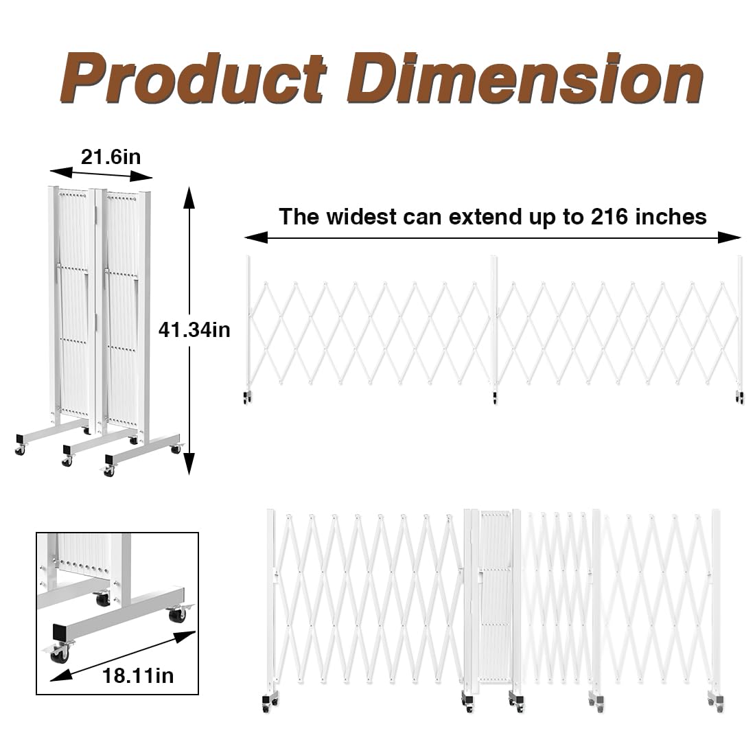 Expandable Driveway Gate, Portable Barricade Gate with Casters, Metal Folding Security Gate, 209" Wide Aluminum Expandable Garden Fence, Outdoor Dog Fence for Yard (White, 213)