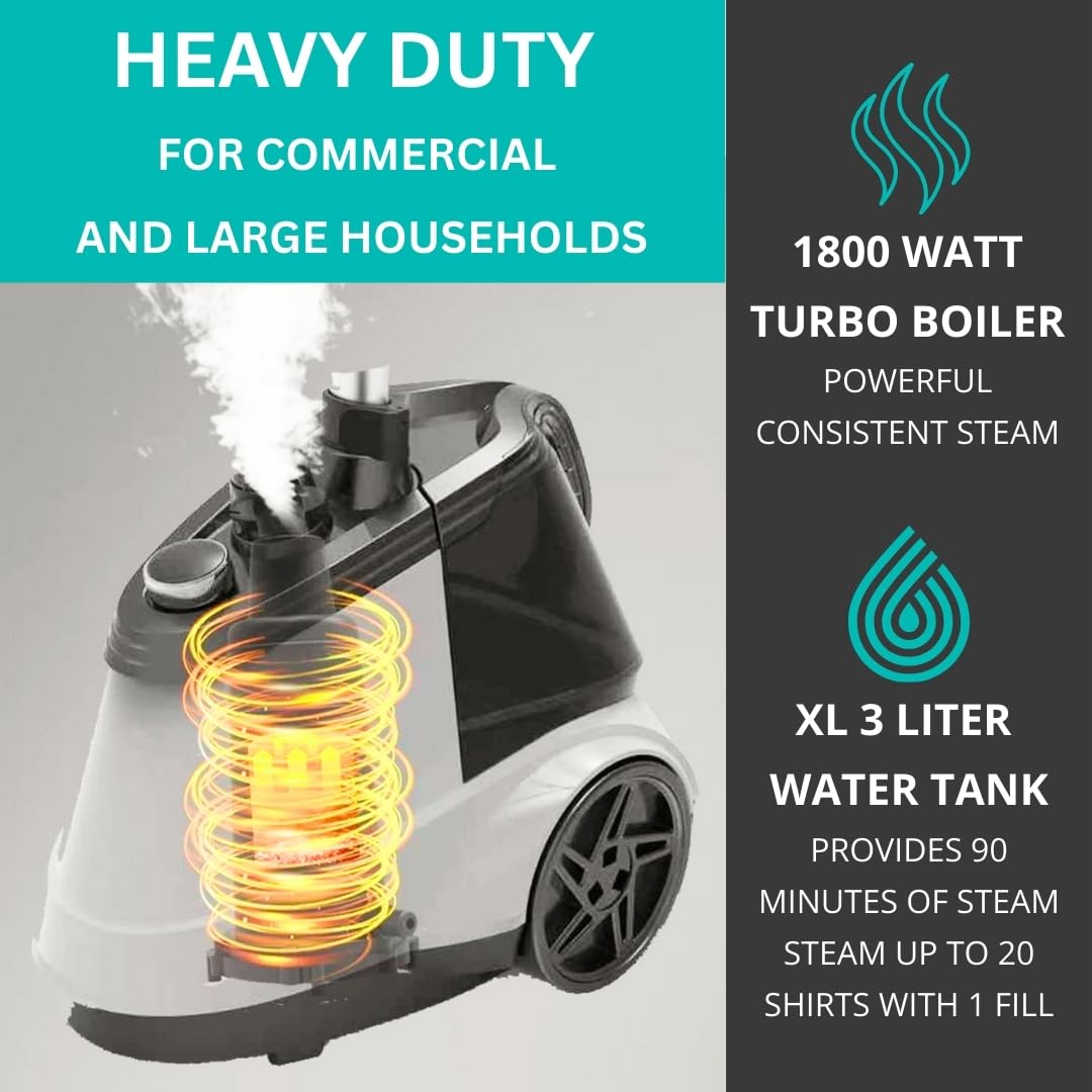 True & Tidy Heavy Duty Commercial Full Size Standing Garment Steamer for Clothes with Extra Large 3L (101 oz) Water Tank for 90+ mins of Steam Time, 1800 watts of Powerful Steam, 3 Settings, White