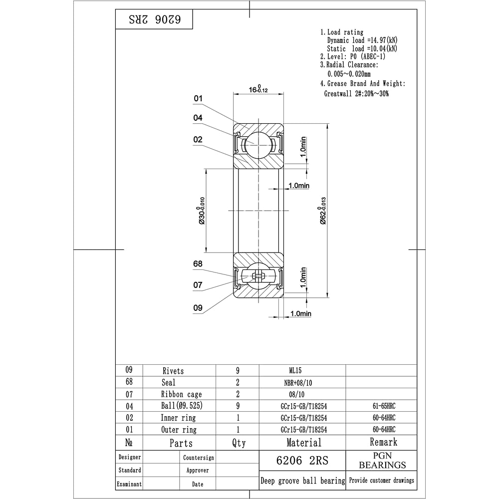 PGN (10 Pack) 6206-2RS Bearing - Lubricated Chrome Steel Sealed Ball Bearing - 30x62x16mm Bearings with Rubber Seal & High RPM Support